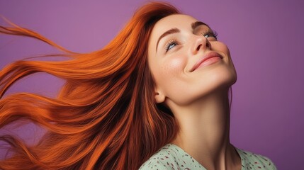 Wall Mural - Woman with long red hair and a green shirt is smiling. She has a happy expression on her face