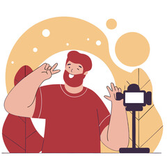 Poster - A joyful male content creator of European descent, posing with peace signs in a digital studio setup, surrounded by colorful abstract shapes.