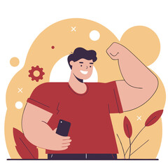 Poster - A confident man of European descent flexes his arm while holding a smartphone. He stands amidst plants and gears, symbolizing innovation and strength.
