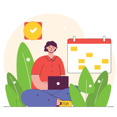 Poster - An illustration of a person in a relaxed setting, working on a laptop amidst colorful plants and abstract shapes, reflecting a modern workspace.