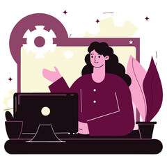 Aufkleber - A cheerful woman with wavy hair is working at a desk with plants and a computer, in a modern digital environment. She appears to be of European descent.