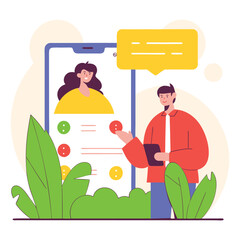 Poster - A depiction of diverse individuals engaging through a mobile app, highlighting themes of technology and social interaction in a modern context.