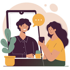 Poster - A stylish illustration of two young people, one with light skin and the other with medium skin tone, engaged in a virtual conversation with plants around them.