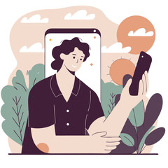 Poster - A stylized illustration of an individual of Afro descent holding a smartphone among lush plants, reflecting a modern lifestyle and technology.
