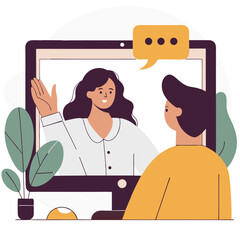 Aufkleber - A stylized illustration showing a woman of undetermined descent waving during a virtual meeting, set against an abstract background with plants.