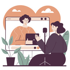 Poster - A vector illustration featuring diverse individuals engaged in a virtual meeting. Plants adorn the modern setup in bright colors. Suitable for modern digital contexts.