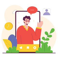 Poster - An illustration depicting a friendly African man interacting through a communication app. Colorful plants and design elements enhance the scene.