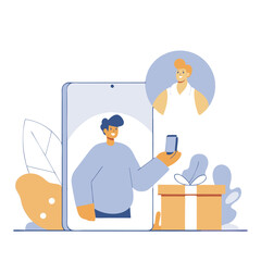 Poster - A young European man happily taking a selfie with a smartphone against a colorful background, accompanied by a cartoonish figure. Ideal for illustrations.