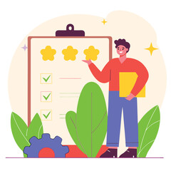Poster - A stylized illustration depicting a European character presenting a review template with checked items and flowers. A whimsical and colorful design.