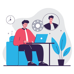 Poster - A young Caucasian man sitting on a couch working on a laptop at home, surrounded by plants and clocks, in a modern illustration style.