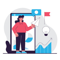 Poster - A cartoon illustration of a European individual presenting ideas on a mobile device with various graphics. Colorful and dynamic, reflecting a creative concept.