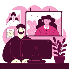 Poster - An illustration of a person of European descent working from home, surrounded by plants and framed pictures on the wall. A modern, cartoon-style design.