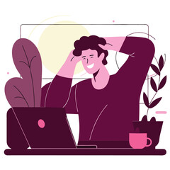 Poster - A joyful young man of European descent sitting at his desk, smiling as he works on his laptop, surrounded by plants and a coffee mug.