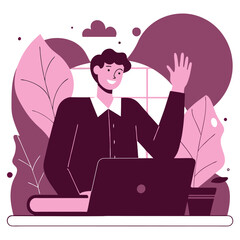 Poster - a cartoon illustration of a person, possibly european, waving while sitting at a desk with plants ar