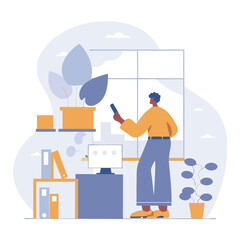 Poster - A contemporary workspace showcasing a diverse individual with plants, a computer, and creative elements, reflecting a modern lifestyle.