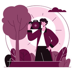 Poster - A young man with light skin holding a camera, surrounded by stylized trees and greenery in a flat design. A simple yet engaging illustration.