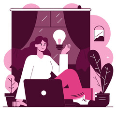 Poster - A contemporary illustration of a woman with light skin working at a home office surrounded by plants. She gestures while sitting comfortably by a laptop.