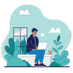 Poster - A young man with light skin sits on a bench working on a laptop amidst lush greenery, creating a serene workspace atmosphere.
