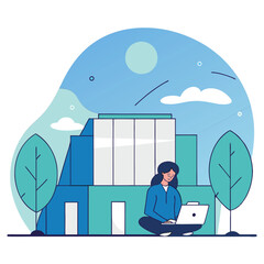 Poster - A woman of African descent sits outdoors with a laptop, surrounded by a modern building and trees amidst a colorful landscape.