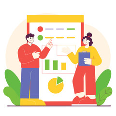 Poster - A diverse team of professionals, one western and one possibly middle-eastern, engaged in a business presentation with colorful graphs and data.