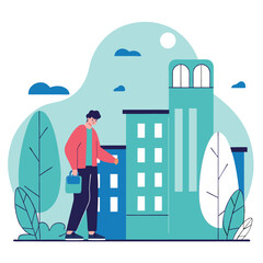 Poster - A European man walks through a cityscape with buildings and trees, wearing casual clothes. The scene is colorful and stylized, capturing urban life.