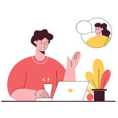 Poster - A person of European descent, depicted in a modern flat style, waves during a video call, surrounded by indoor plants and a laptop.