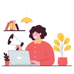 Poster - A woman of African descent working on a laptop, surrounded by plants. The illustration shows a cozy workspace with books.