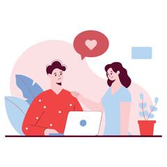 Poster - A diverse group of friends, one Asian and one Caucasian, are engaging at a laptop. A warm atmosphere highlights the collaboration and friendship.