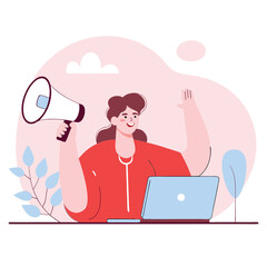 Poster - A cheerful woman of African descent waves while holding a megaphone, working on her laptop at a cozy workspace surrounded by plants.