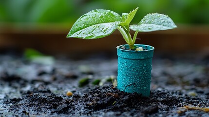 Wall Mural - Sprout growing in pot, garden background, new life