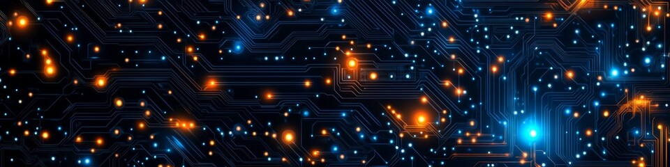 Poster - Futuristic Circuit Board, Blue and Orange Glowing Lines, Intricate Patterns on Dark Background