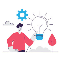 Poster - A flat illustration of a European person presenting an idea with a light bulb, surrounded by nature elements like trees and clouds. A gear icon signifies innovation.