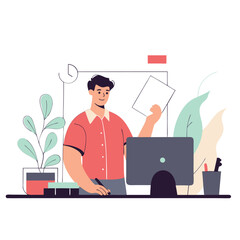 Poster - A blue-skinned, european person is working at a desk surrounded by plants and a computer, displaying a modern work environment.