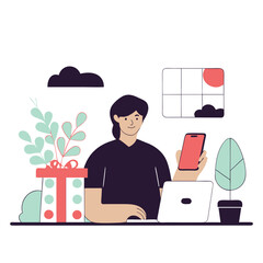Poster - A person of unspecified ethnicity is engaged with a smartphone in a contemporary office setting adorned with plants and tech items.