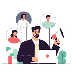 Poster - A professional scene with individuals of various ethnicities engaged in a business meeting. Features a speaker with a megaphone.