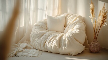 Poster - Sunlit cream armchair, cozy room, pampas grass, relaxation