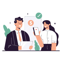 Poster - A mixed ethnic group of professionals discussing finance in an office setting, featuring a man with a tablet and a woman holding a smartphone.