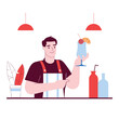 © DesignSells - A cheerful bartender of European descent mixes a vibrant cocktail in a stylish bar setting, showcasing various bottles and plants.