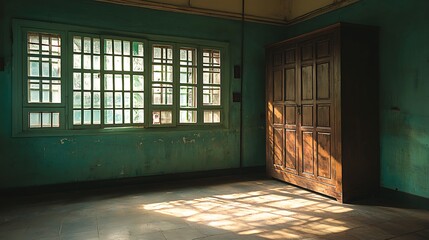 Wall Mural - Sunlit Room, Abandoned Building, Asian Interior, Decaying Walls, Vintage Wardrobe