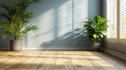 Aufkleber - Sunlit Room, Plants, Hardwood Floor, Window, Interior Design Mockup