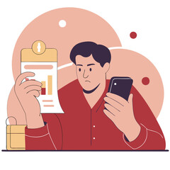 Poster - A European man is focused on his phone while holding a clipboard. The illustration uses cool tones and clean lines, depicting a thoughtful moment.