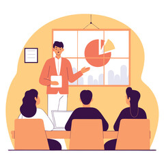 Poster - A business presentation scene depicting a diverse group of participants, including European individuals, engaged in an animated discussion.