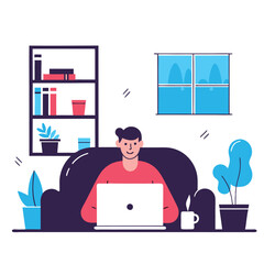 Poster - A relaxed individual of European descent is working on a laptop at home, surrounded by plants and bookshelves, conveying a cozy atmosphere.