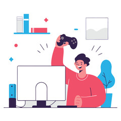 Poster - A stylized illustration of a person with light skin and short hair, holding a gaming controller next to a computer, surrounded by plants and books.