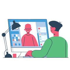 Poster - A person illustrated in a cozy setting sitting at a desk interacting with a computer screen, showing a vibrant and stylized depiction of a digital conversation.