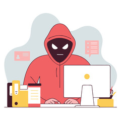 Poster - A graphic illustration of a hacker wearing a hoodie, seated in front of a computer, surrounded by various office supplies. The character appears to be focused on the screen.