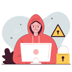Aufkleber - A character in a hoodie works on a computer, representing cybersecurity themes with warning symbols. The illustration is styled in a flat, 2D design.