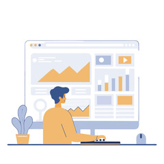 Poster - A businessman focused on analyzing data on a computer screen, surrounded by plants. This illustration uses a modern, flat design style.