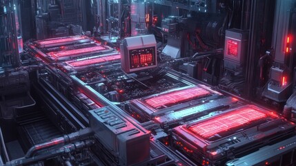 Canvas Print - Futuristic processing facility with glowing components, advanced machinery, and technological background; possible use for technology, science, or graphic design