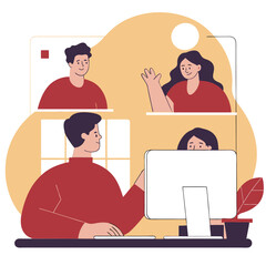 Poster - A digital illustration depicting a diverse group of individuals collaborating online. The scene includes various facial expressions and gestures.